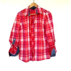 TOMMY HILFIGER pink coral plaid 100% cotton classic fit button up blouse shirt